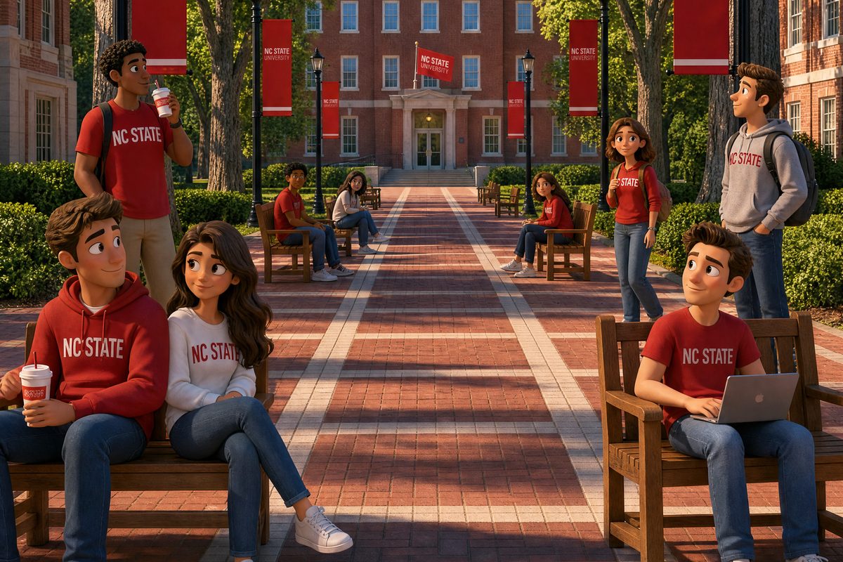 Students on the NC State Brickyard on a clear afternoon