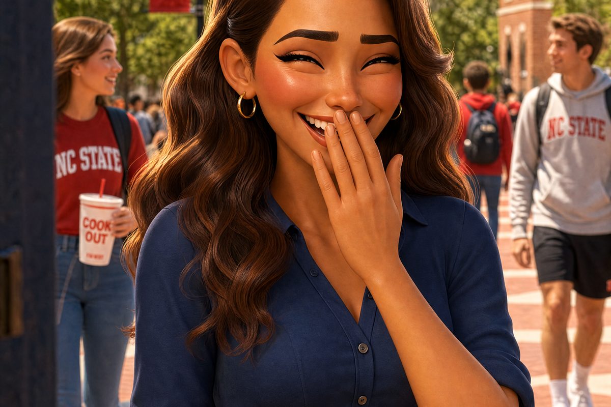 Misty, the Hamper'd co-founder character, laughing on campus