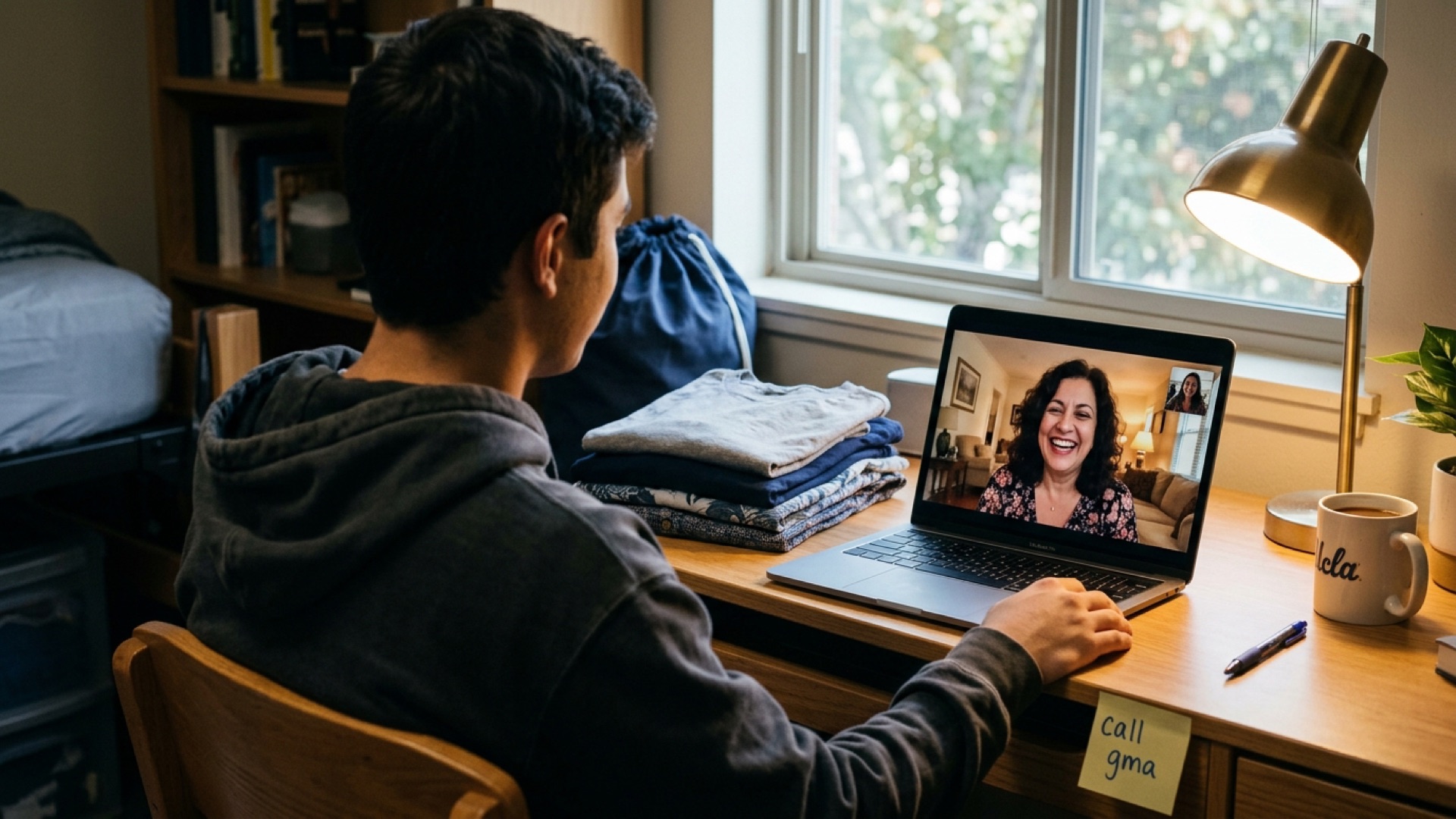 A student on a video call with a parent from a clean, organized dorm room