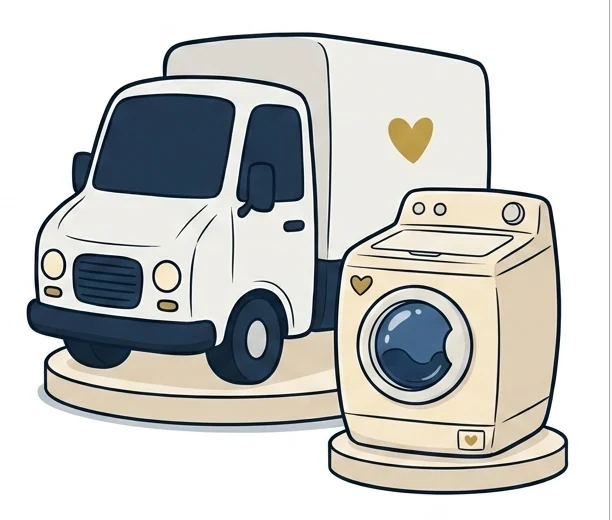 The CYDL delivery truck with a gold heart on its side, next to a cream washing machine