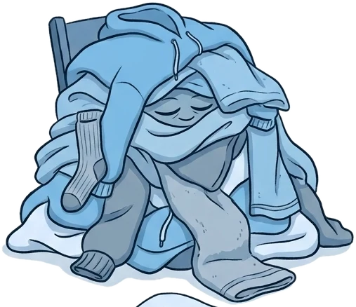 The pile: a mound of tangled laundry with heavy-lidded eyes and a satisfied smile, napping on the floor