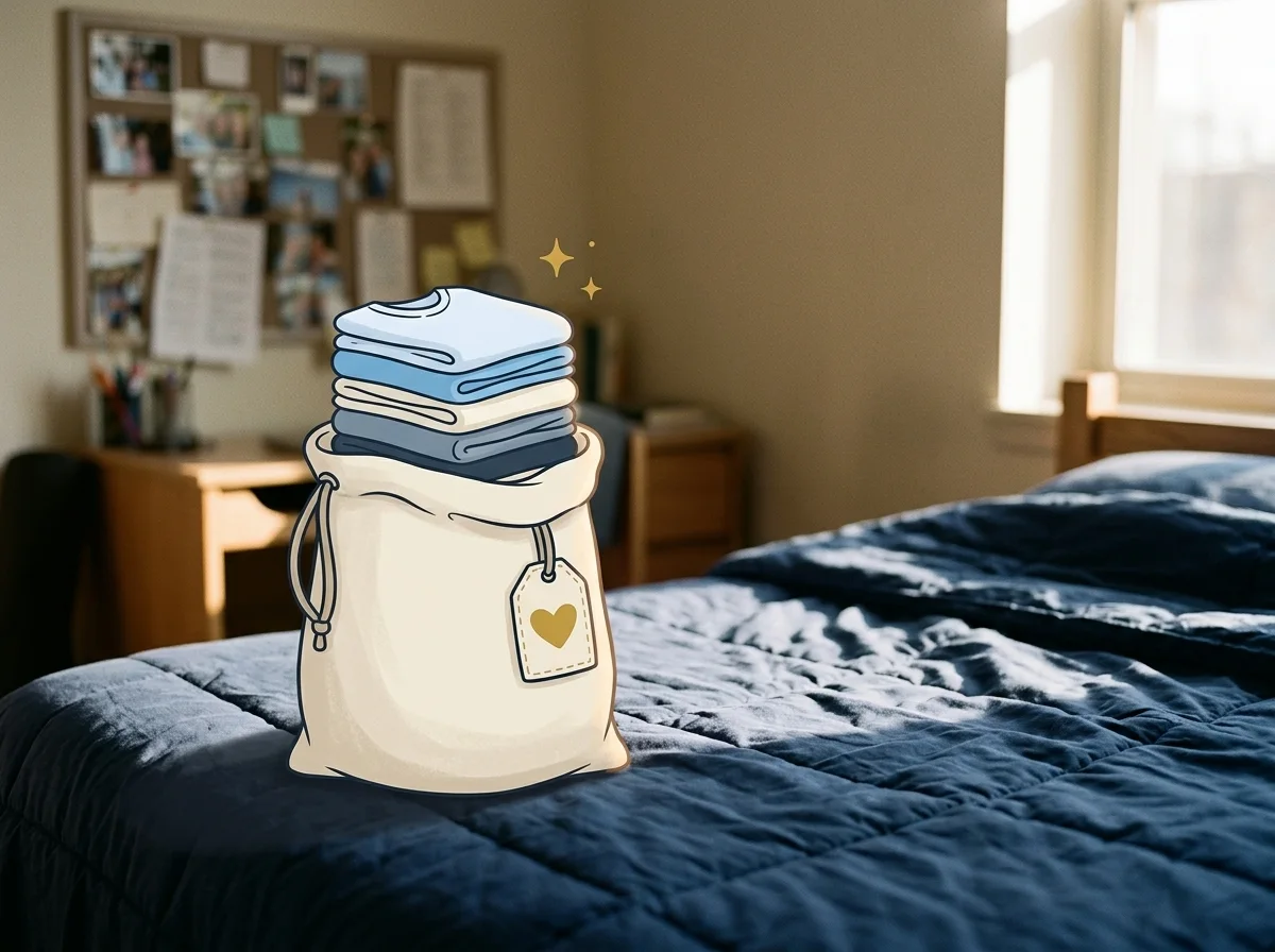On a real dorm bed, the illustrated CYDL bag stands open with a crisp folded stack rising out of it