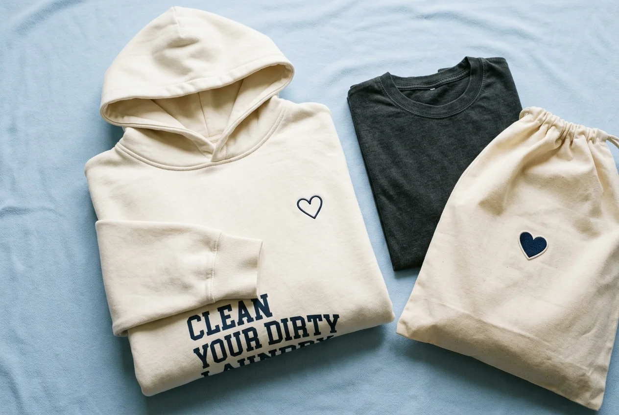CYDL merch flat lay: ivory heavyweight hoodie with a navy embroidered heart, charcoal tee, and cream canvas bag with a heart patch