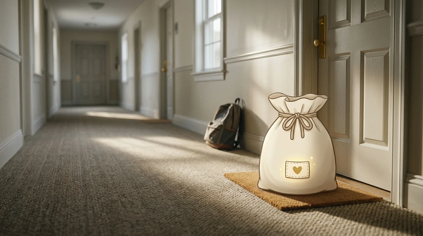 A real dorm hallway in morning light: the illustrated CYDL bag sits on the doormat, glowing softly