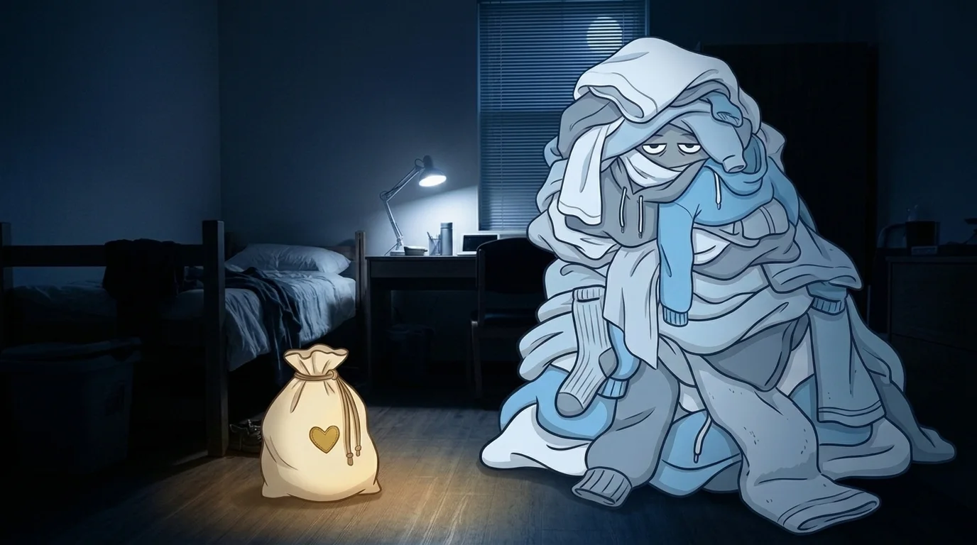 A dark dorm room at night: the small glowing CYDL bag faces down a towering smug pile of laundry